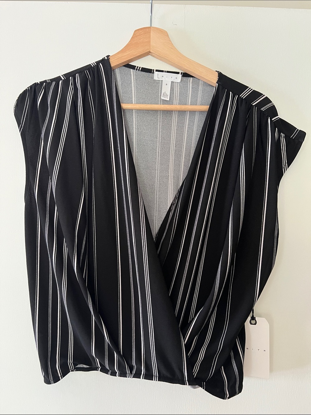 NWT Leith Black and White Vertical Stripe Surplice Top Size M